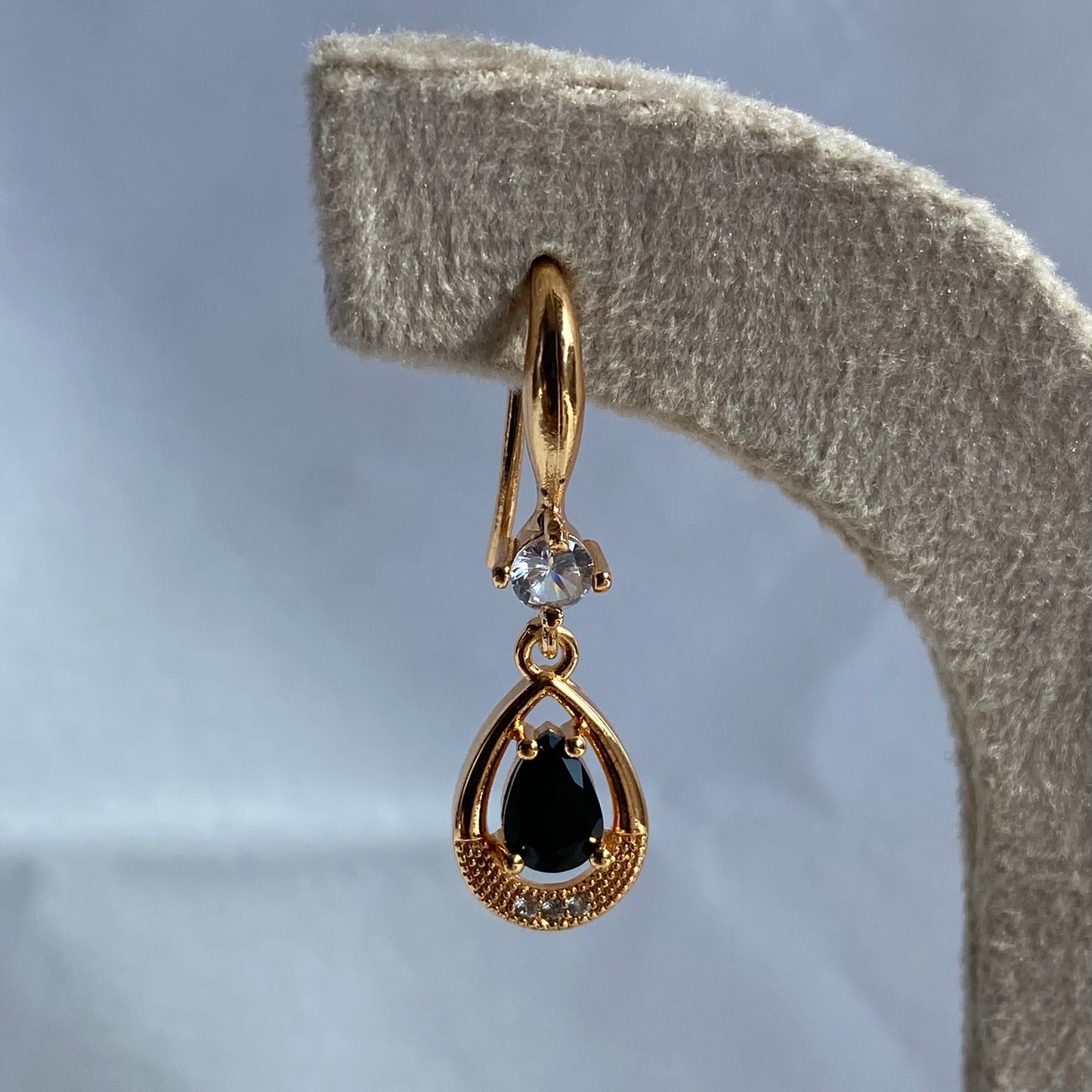 Gold Halo Teardrop Black Crystal Drop Earrings
