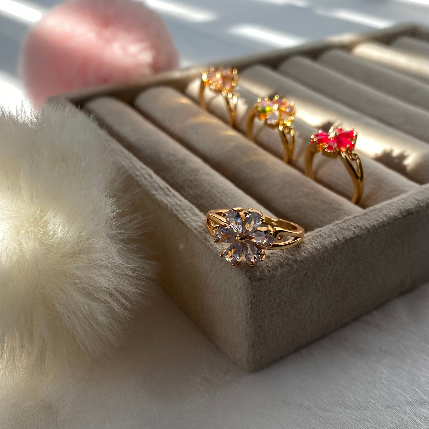 Dainty Floral Crystal Gold Plated Rings for Women
