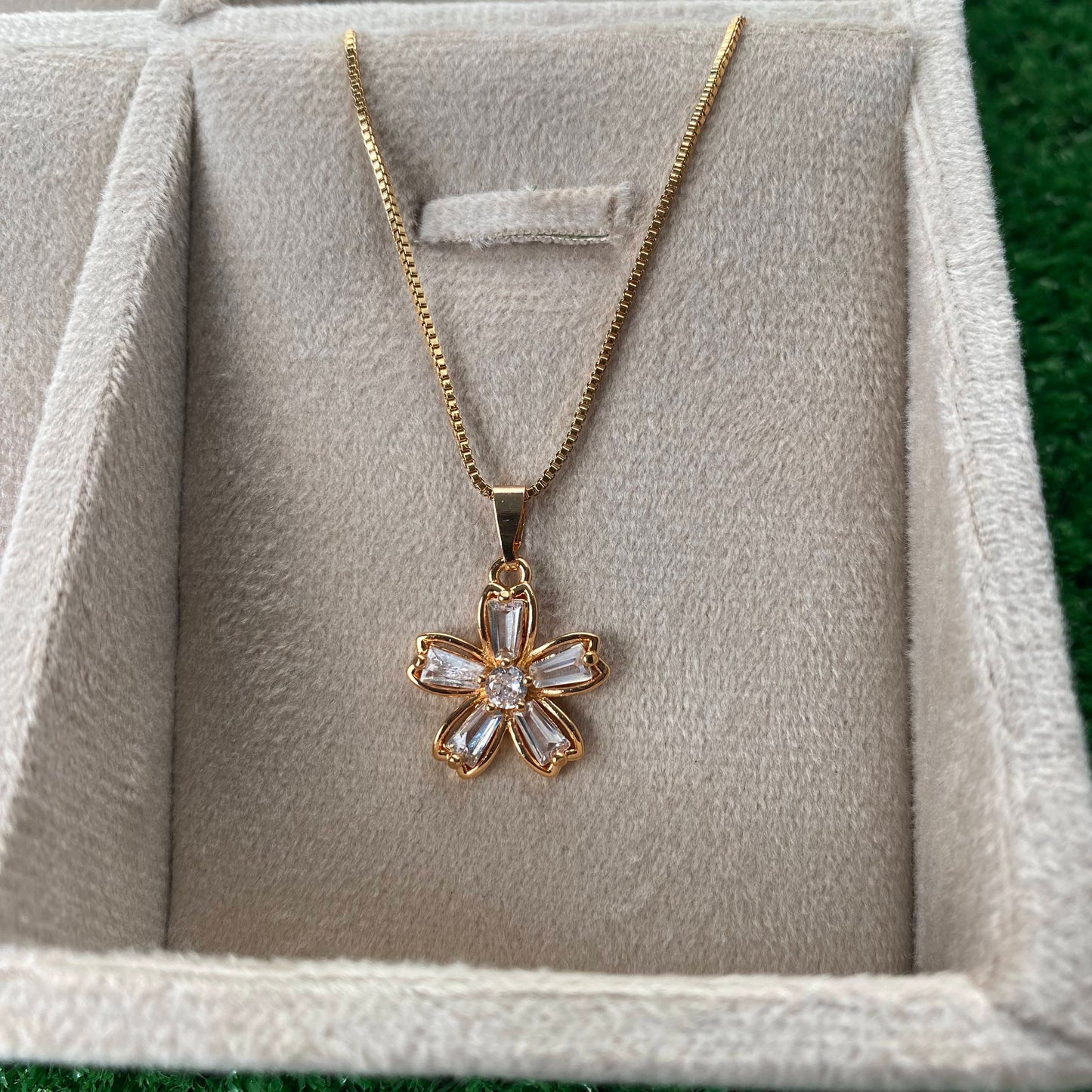 Rose Gold Baguette Crystal Flower Necklace