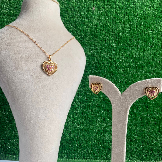 Heart Red Crystal Pendant Necklace And Earrings Set