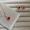 Luxury Ruby Round Crystal Halo Pendant Necklace Set