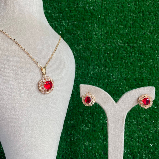 Luxury Ruby Round Crystal Halo Pendant Necklace Set