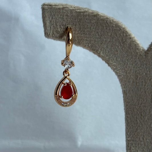 Gold Halo Teardrop Red Ruby Drop Earrings