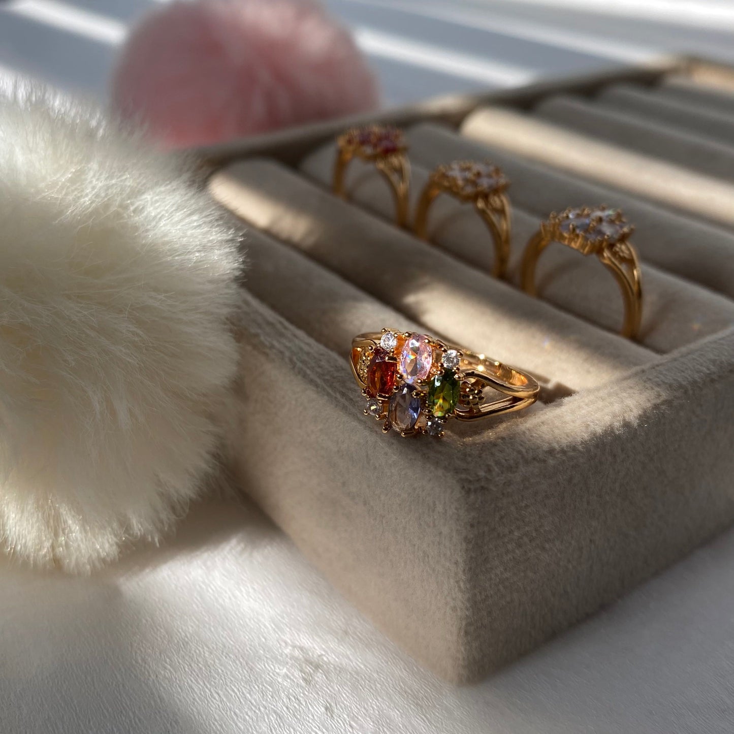 Gold Plated Floral Crystal Statement Rings for Women