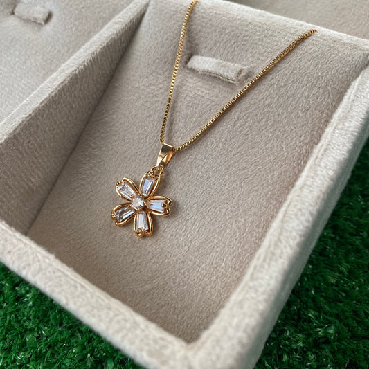 Rose Gold Baguette Crystal Flower Necklace