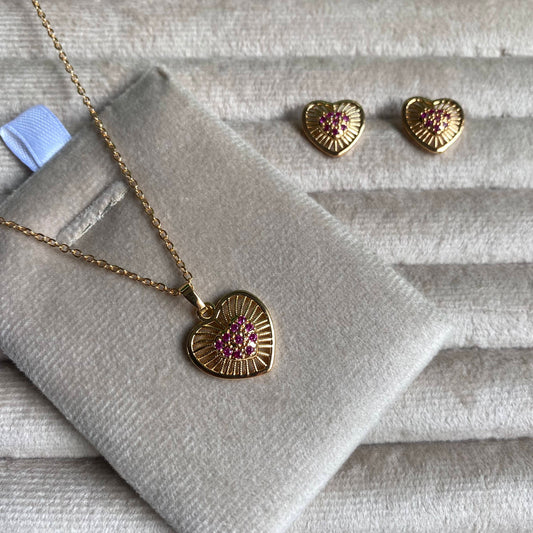 Heart Red Crystal Pendant Necklace And Earrings Set