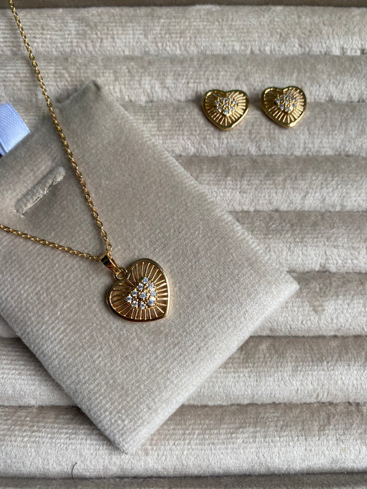 Heart White Crystal Pendant Necklace And Earrings Set