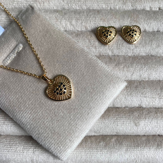 Heart Black Crystal Pendant Necklace And Earrings Set