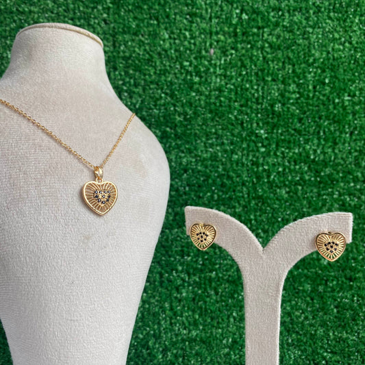 Heart Black Crystal Pendant Necklace And Earrings Set