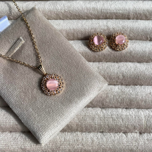 Luxury Rose Round Crystal Halo Pendant Necklace Set