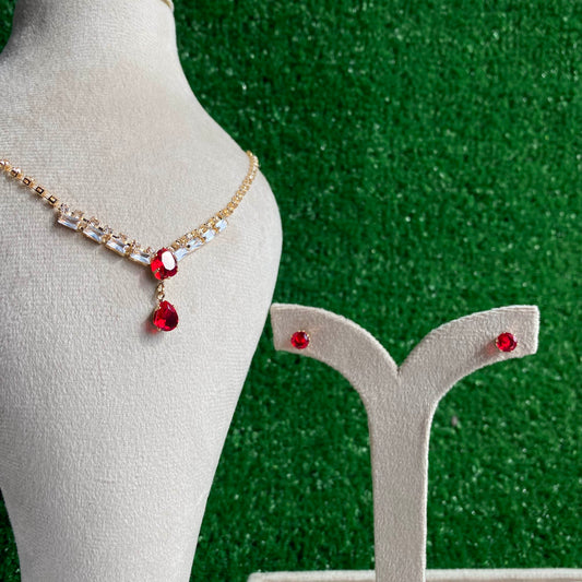 Luxury Ruby Floral Crystal Halo Pendant Jewelry Set