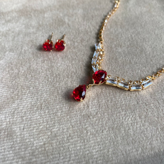 Luxury Ruby Floral Crystal Halo Pendant Jewelry Set