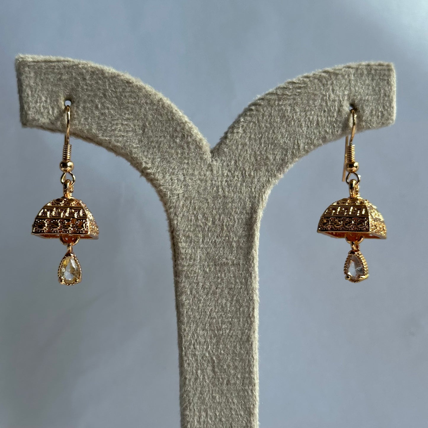 Intricate Gold Square Jhumka Stone Earrings