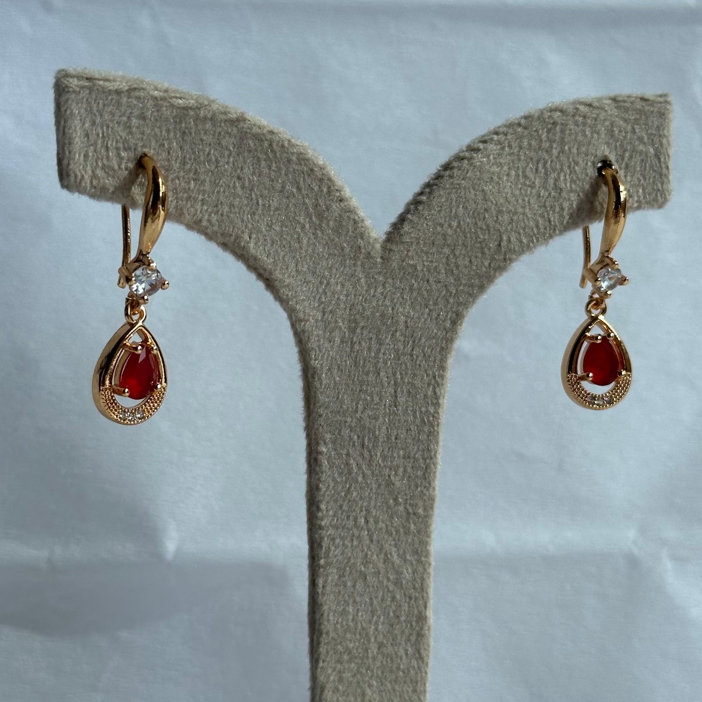 Gold Halo Teardrop Red Ruby Drop Earrings
