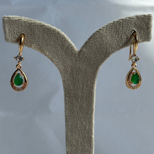 Gold Halo Teardrop Green Emerald Drop Earrings