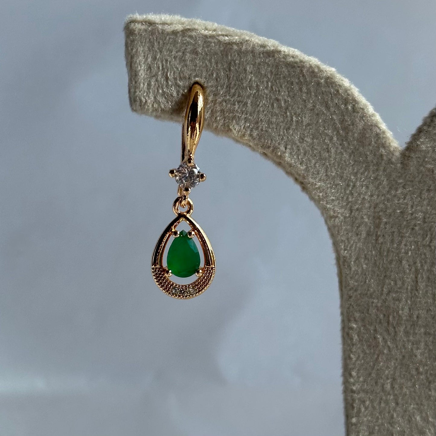 Gold Halo Teardrop Green Emerald Drop Earrings