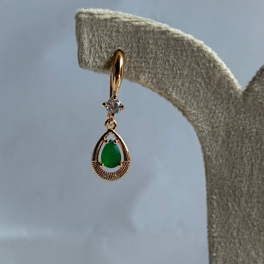 Gold Halo Teardrop Green Emerald Drop Earrings