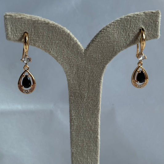 Gold Halo Teardrop Black Crystal Drop Earrings