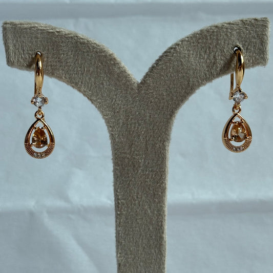 Gold Halo Teardrop Yellow Crystal Drop Earrings